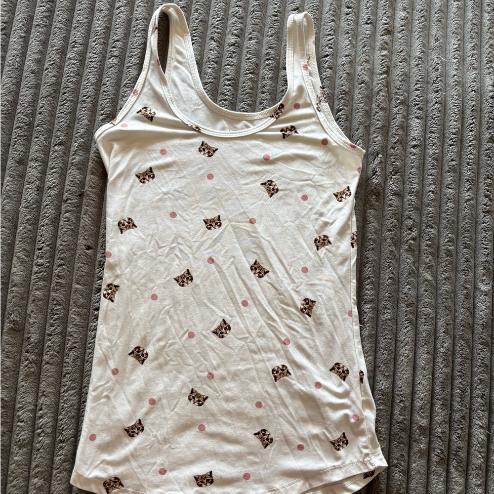 Women's White Tank Top with Cat Print